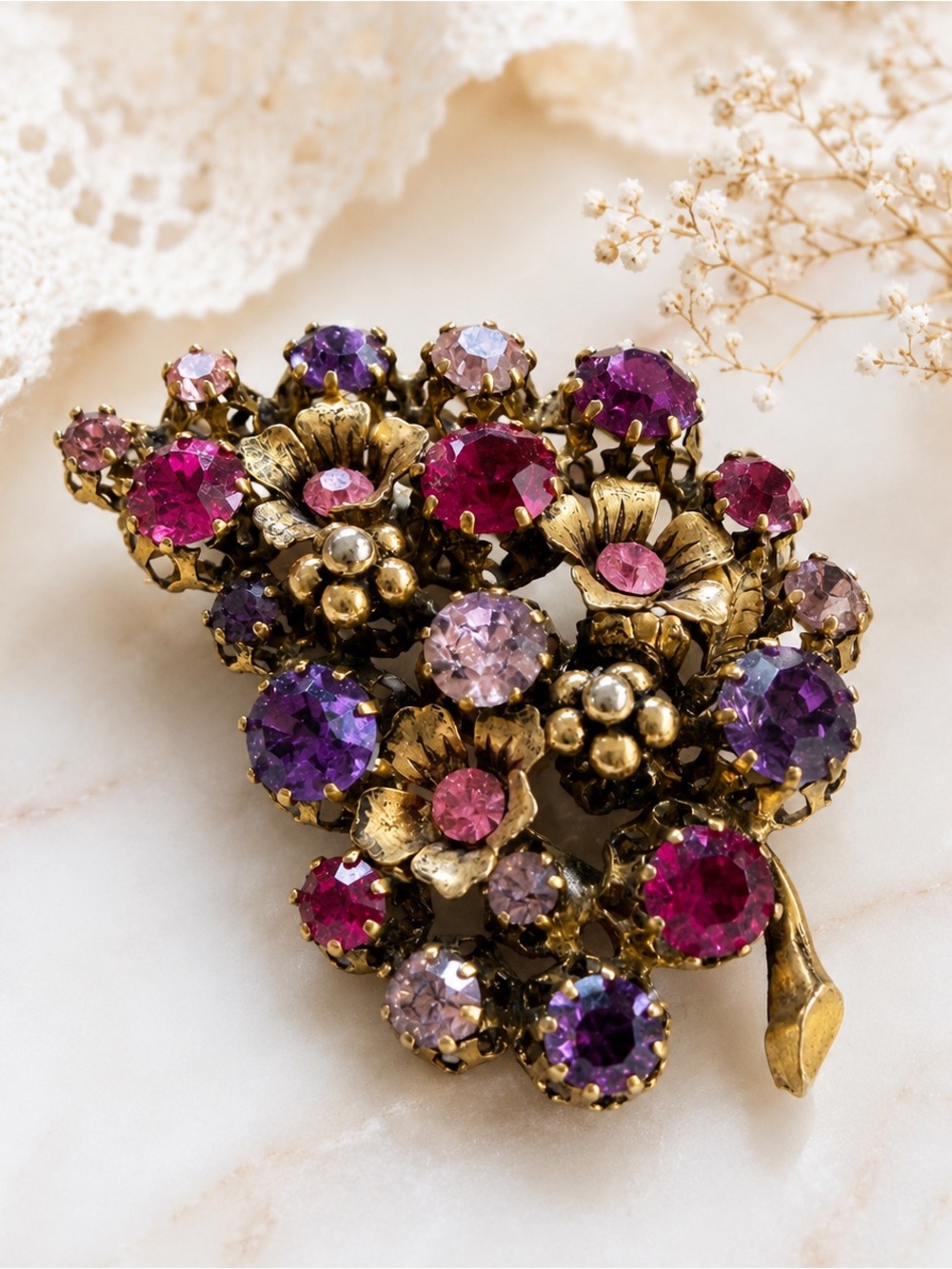 Vintage AUSTRIA Signed Fuchsia Pink Purple Rhinestone Brooch Juliana Style